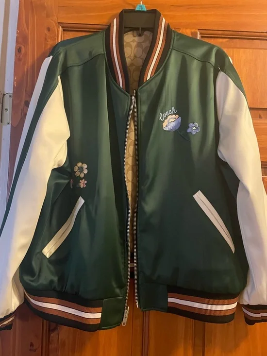 Women’s Brown Patterned Bomber Jacket with Cream Sleeves - Picture 5 of 5